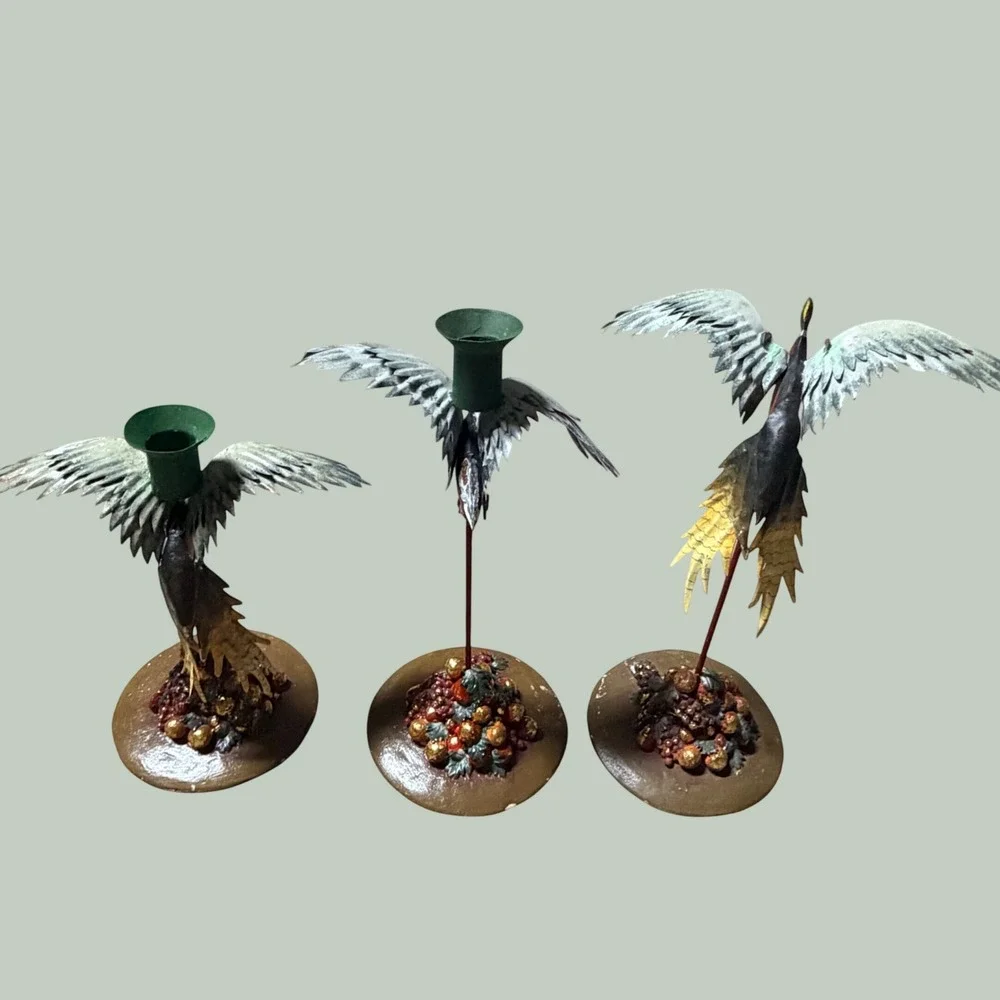 Silvestri Vintage Metal Pheasant Taper Candle Holder Set of 3 Flying Birds Decor